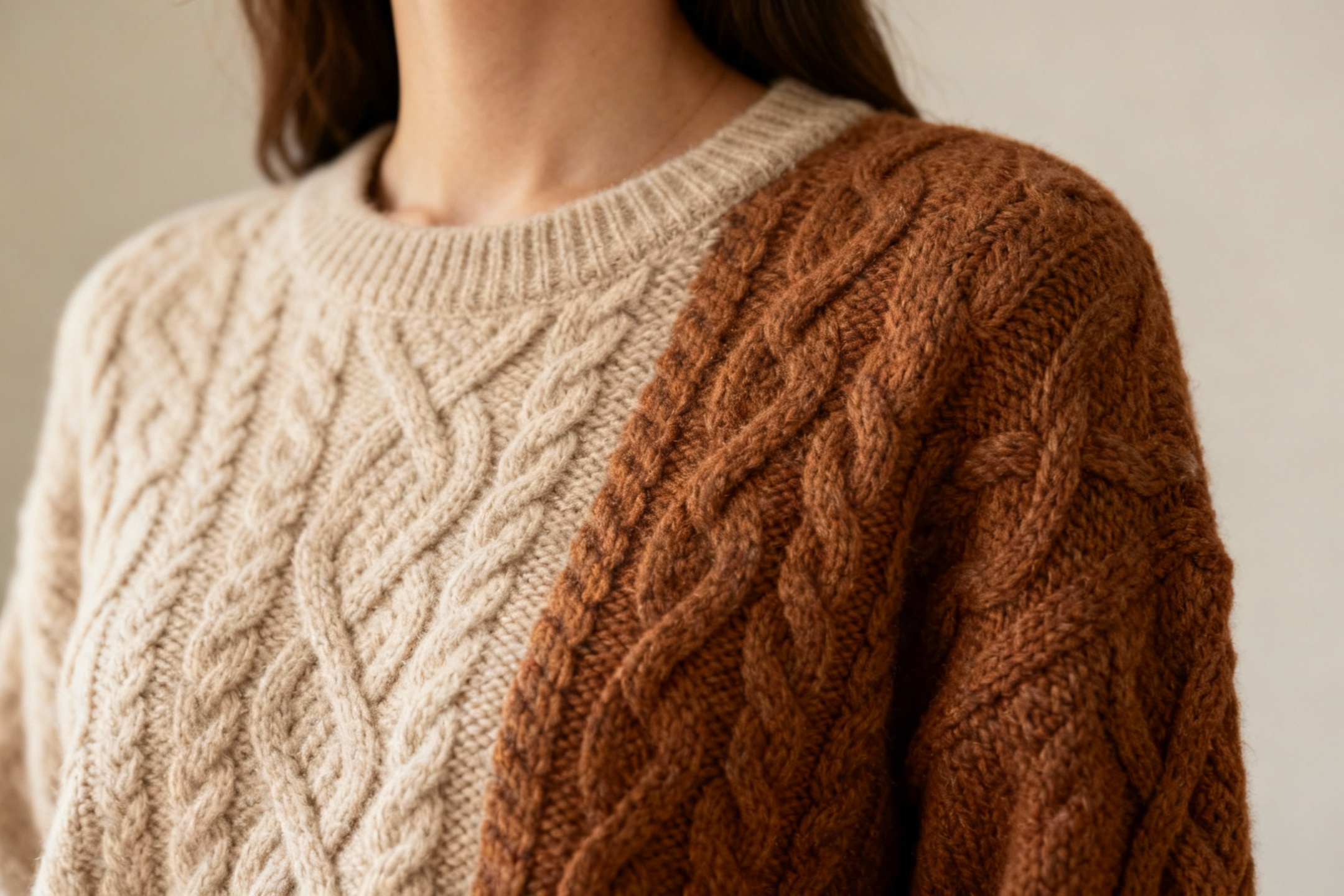 Zbliżenie na detale ciepłego swetra damskiego, warkoczowy splot w odcieniach beżu i brązu, elegancki i przytulny materiał, idealny na jesień.